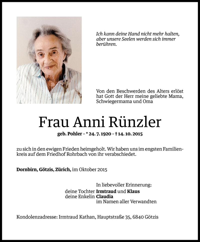  Todesanzeige für Anni Rünzler vom 21.10.2015 aus Vorarlberger Nachrichten