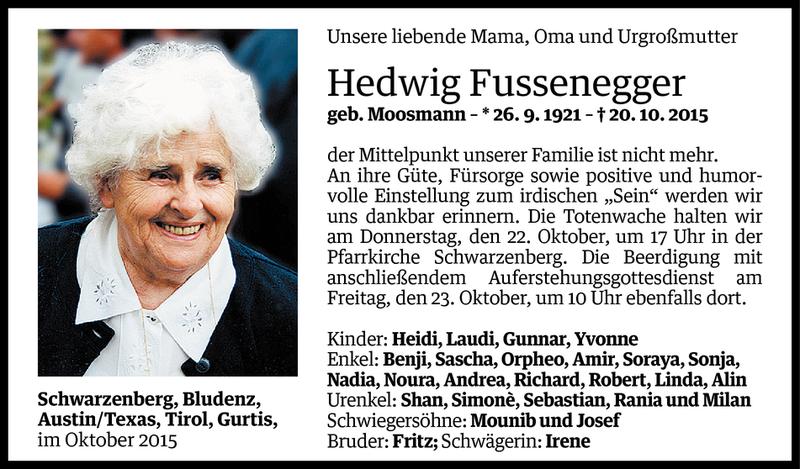  Todesanzeige für Hedwig Fussenegger vom 21.10.2015 aus Vorarlberger Nachrichten