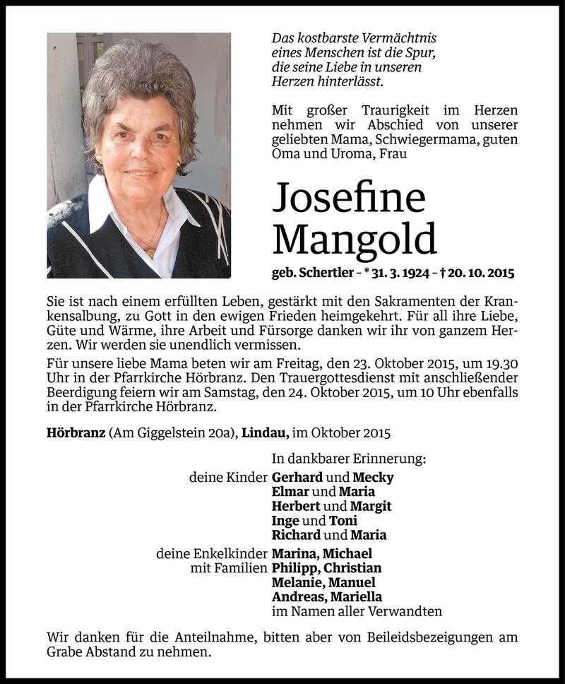  Todesanzeige für Josefine Mangold vom 21.10.2015 aus Vorarlberger Nachrichten