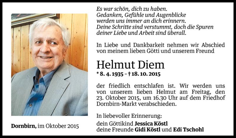  Todesanzeige für Helmut Diem vom 21.10.2015 aus Vorarlberger Nachrichten