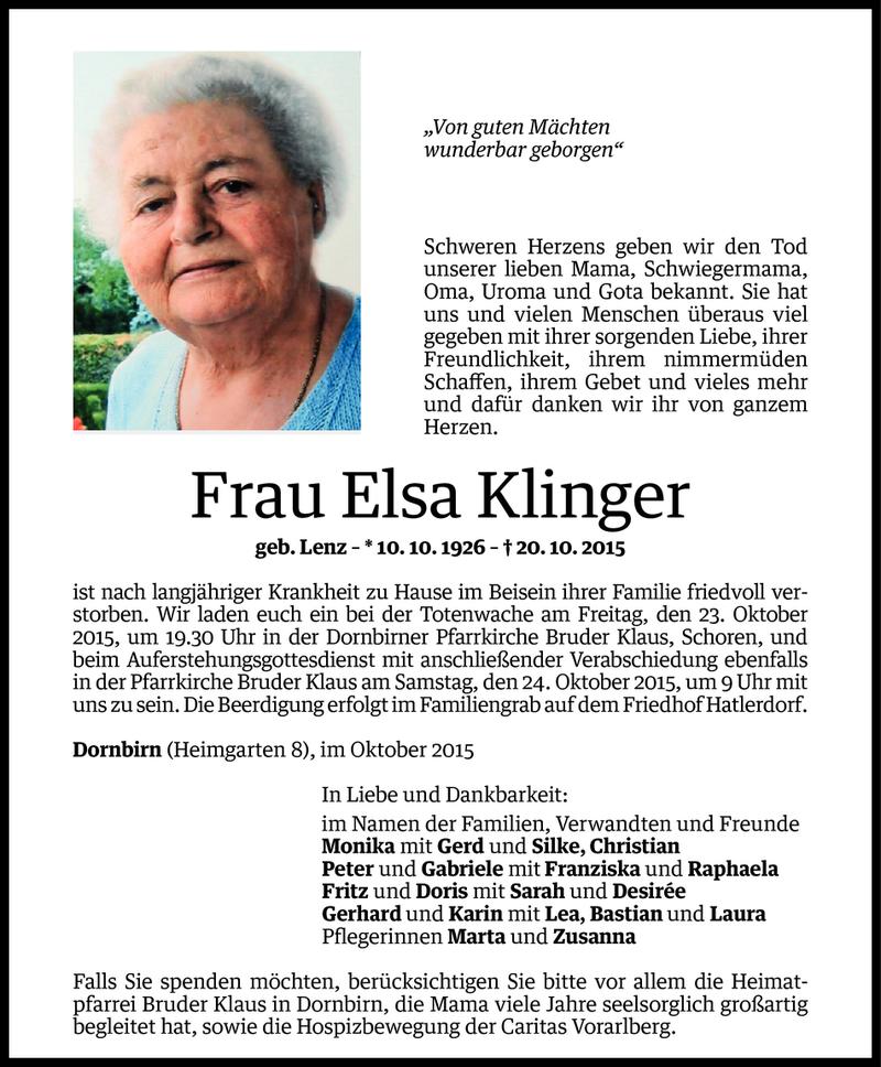 Todesanzeigen von Elsa Klinger | Todesanzeigen Vorarlberger Nachrichten