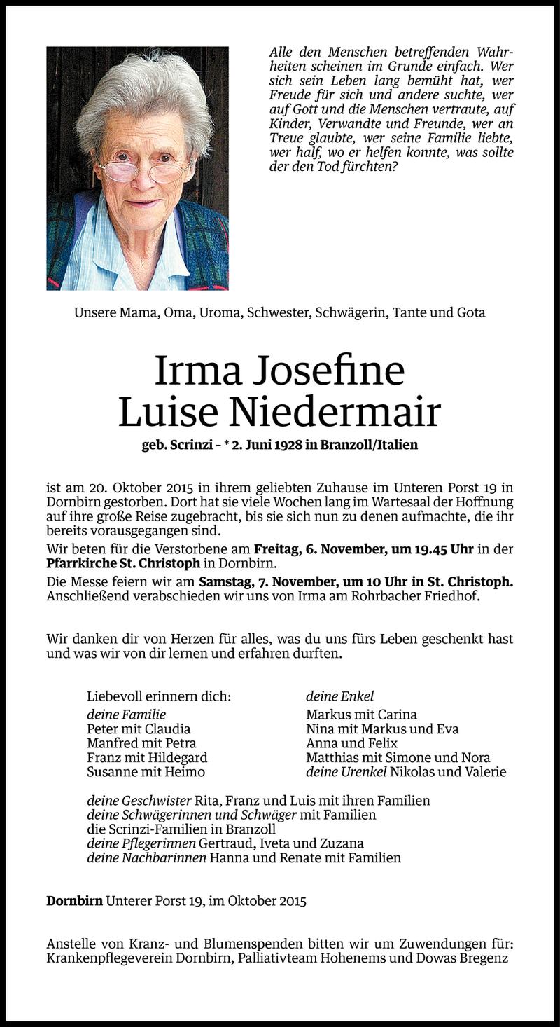  Todesanzeige für Irma Josefine Luise Niedermair vom 21.10.2015 aus Vorarlberger Nachrichten