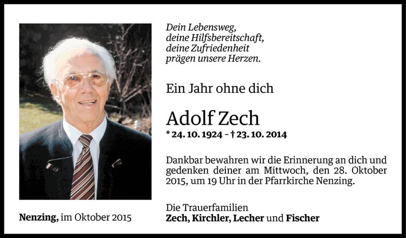  Todesanzeige für Adolf Zech vom 22.10.2015 aus Vorarlberger Nachrichten