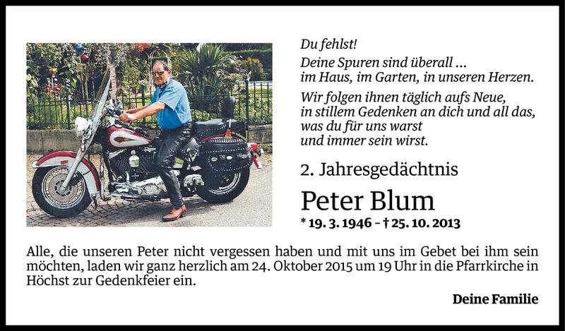  Todesanzeige für Peter Blum vom 22.10.2015 aus Vorarlberger Nachrichten