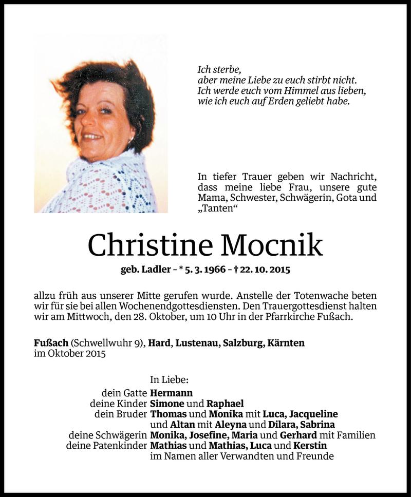  Todesanzeige für Christine Mocnik vom 23.10.2015 aus Vorarlberger Nachrichten