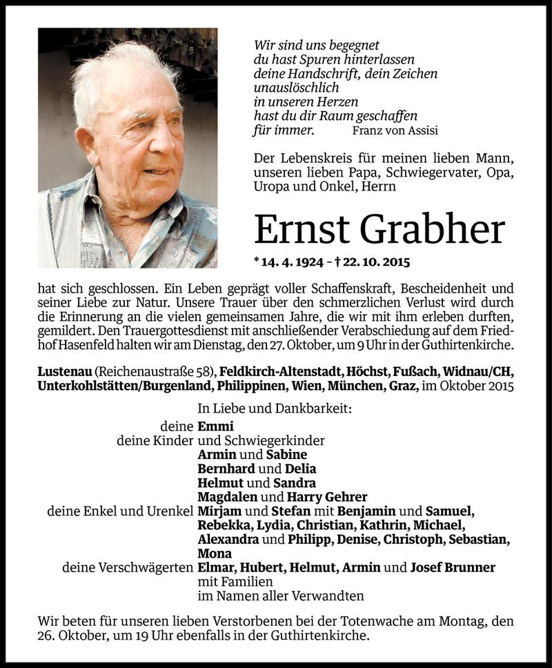  Todesanzeige für Ernst Grabher vom 23.10.2015 aus Vorarlberger Nachrichten