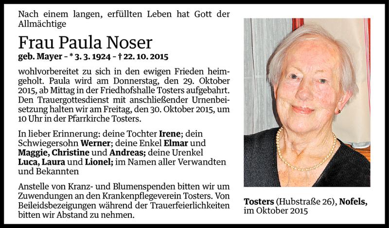  Todesanzeige für Paula Noser vom 27.10.2015 aus Vorarlberger Nachrichten