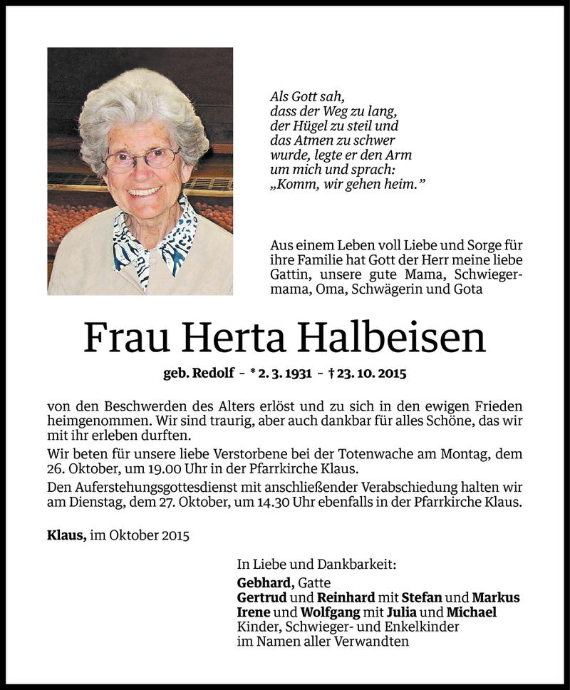  Todesanzeige für Herta Halbeisen vom 24.10.2015 aus Vorarlberger Nachrichten