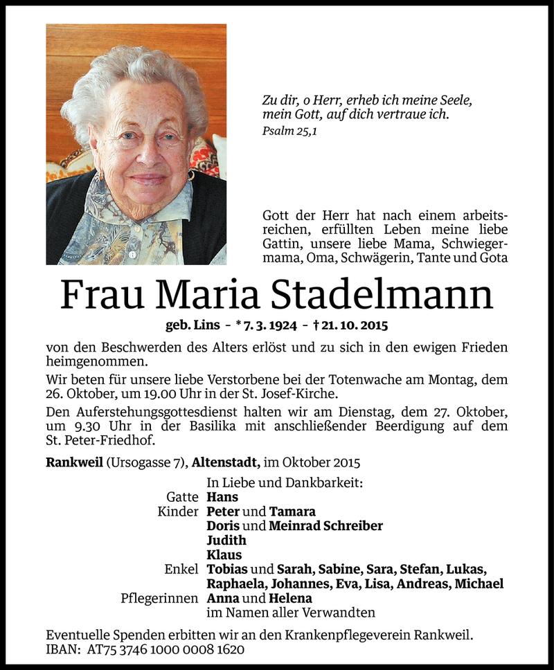  Todesanzeige für Maria Stadelmann vom 27.10.2015 aus Vorarlberger Nachrichten