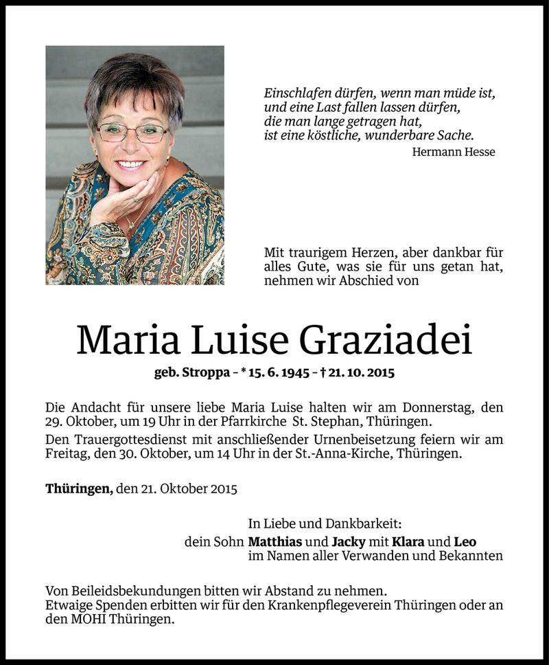  Todesanzeige für Maria Luise Graziadei vom 27.10.2015 aus Vorarlberger Nachrichten