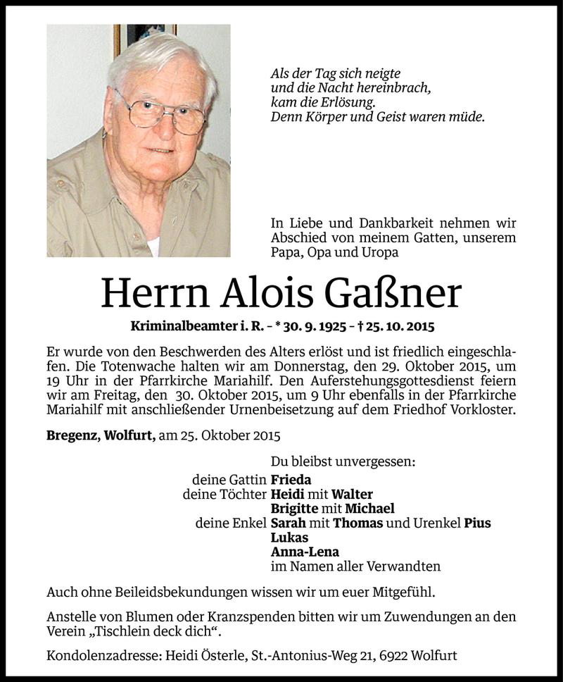  Todesanzeige für Alois Gaßner vom 27.10.2015 aus Vorarlberger Nachrichten