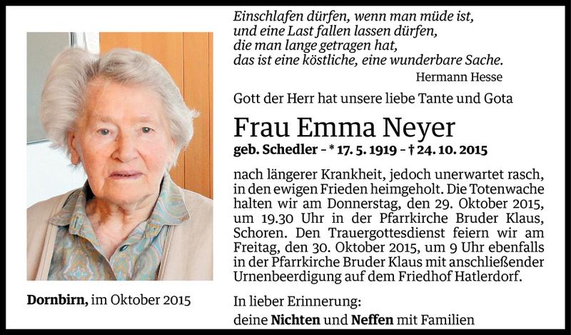  Todesanzeige für Emma Neyer vom 27.10.2015 aus Vorarlberger Nachrichten