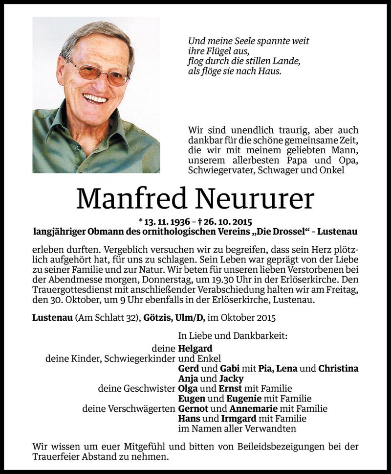  Todesanzeige für Manfred Neururer vom 27.10.2015 aus Vorarlberger Nachrichten