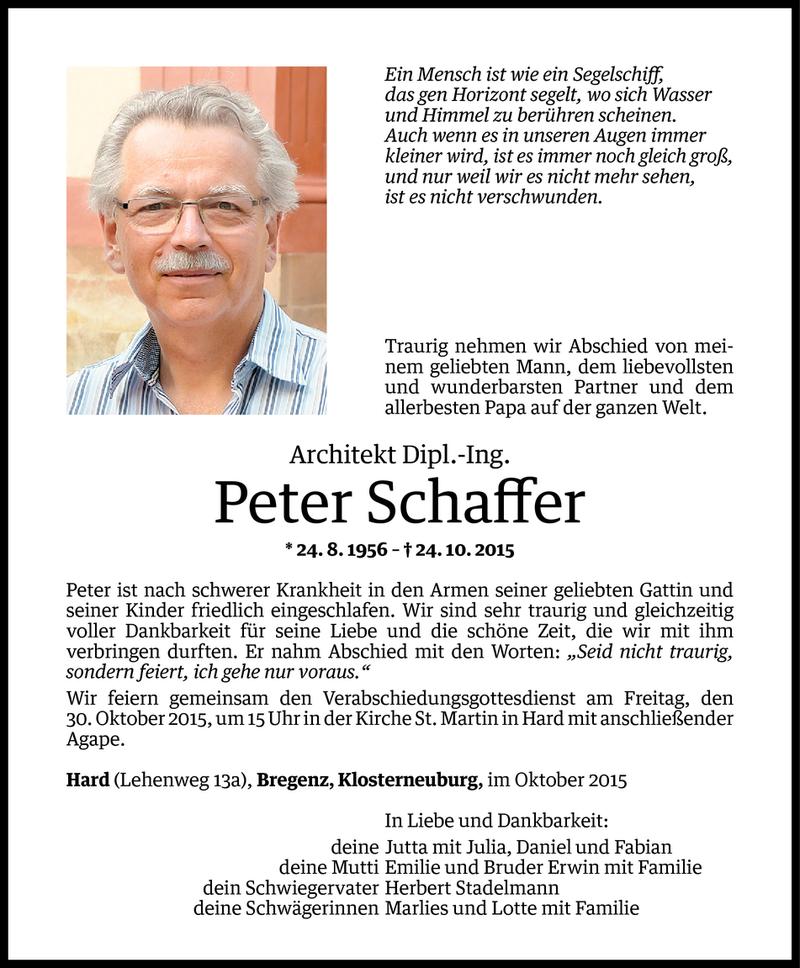  Todesanzeige für Peter Schaffer vom 27.10.2015 aus Vorarlberger Nachrichten