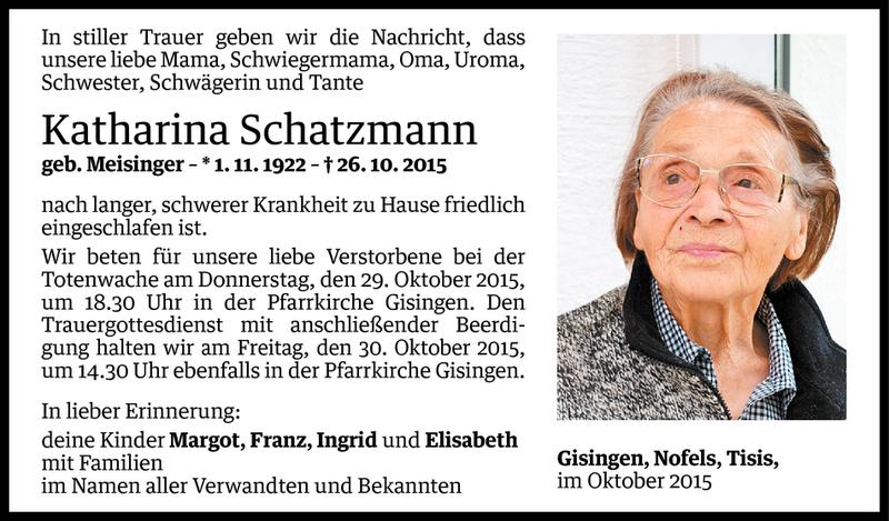 Todesanzeige für Katharina Schatzmann vom 27.10.2015 aus Vorarlberger Nachrichten