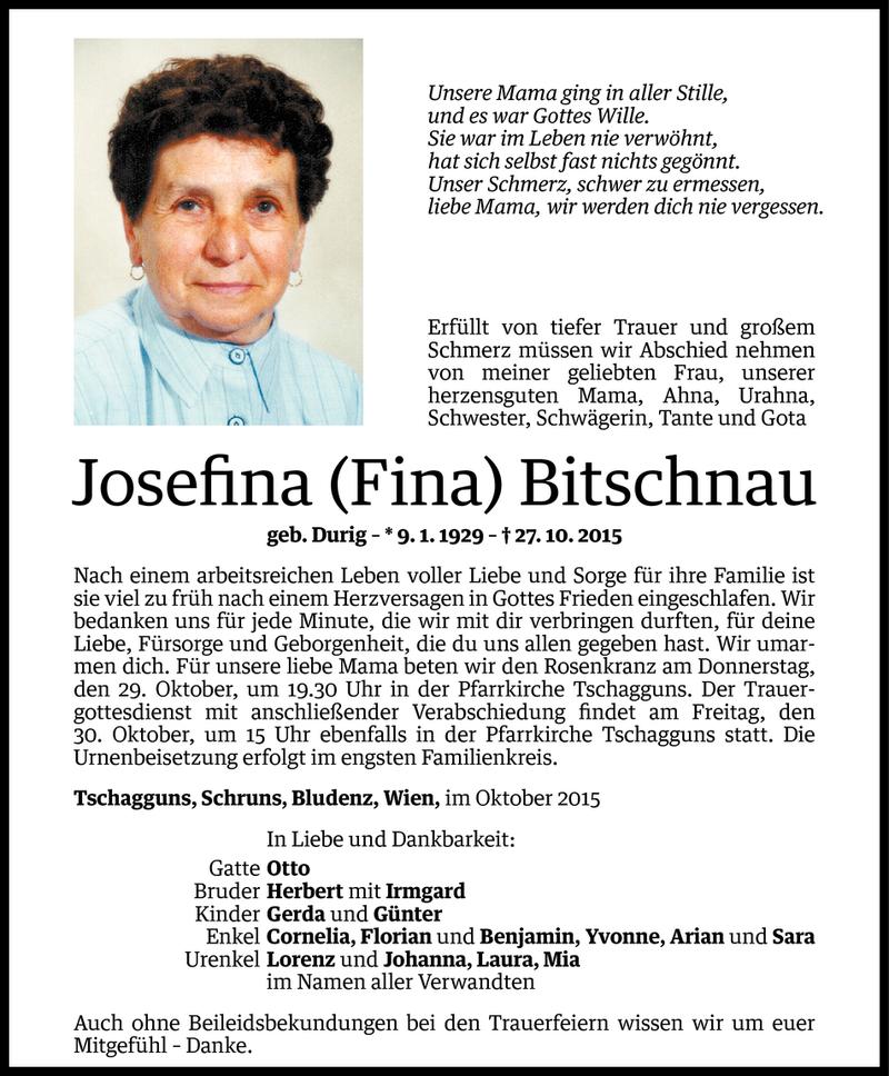  Todesanzeige für Josefina Bitschnau vom 27.10.2015 aus Vorarlberger Nachrichten