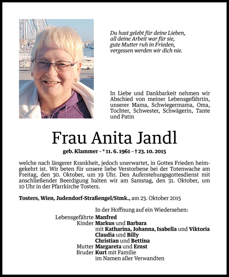  Todesanzeige für Anita Jandl vom 28.10.2015 aus Vorarlberger Nachrichten