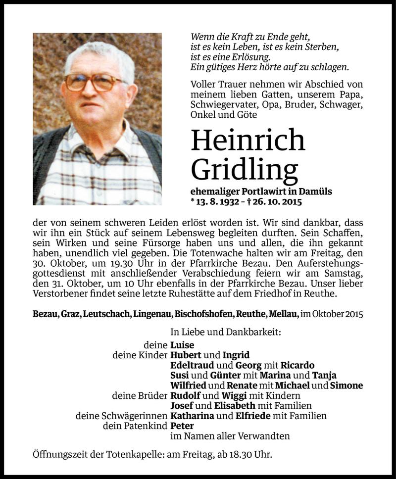  Todesanzeige für Heinrich Gridling vom 28.10.2015 aus Vorarlberger Nachrichten
