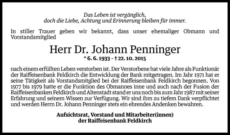  Todesanzeige für Johann Penninger vom 29.10.2015 aus Vorarlberger Nachrichten