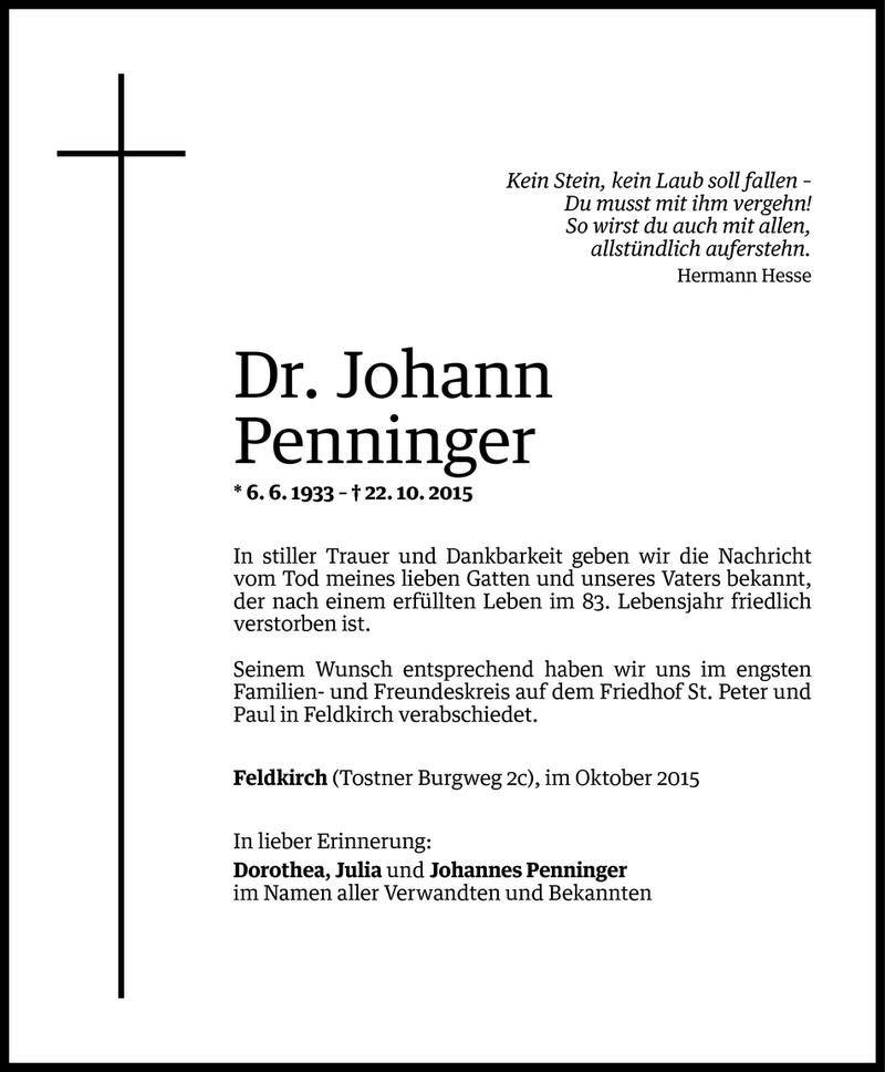  Todesanzeige für Johann Penninger vom 29.10.2015 aus Vorarlberger Nachrichten