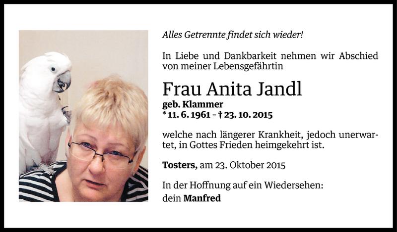  Todesanzeige für Anita Jandl vom 28.10.2015 aus Vorarlberger Nachrichten