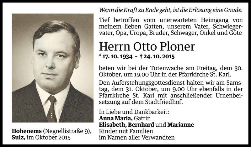  Todesanzeige für Otto Ploner vom 29.10.2015 aus Vorarlberger Nachrichten