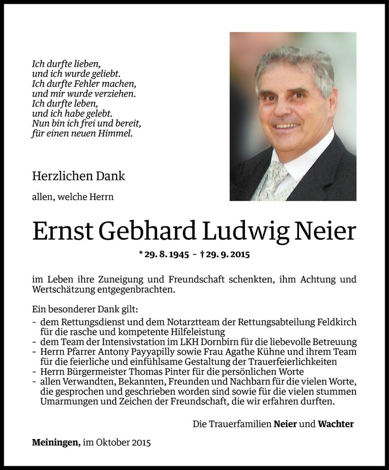  Todesanzeige für Ernst Gebhard Ludwig Neier vom 30.10.2015 aus Vorarlberger Nachrichten