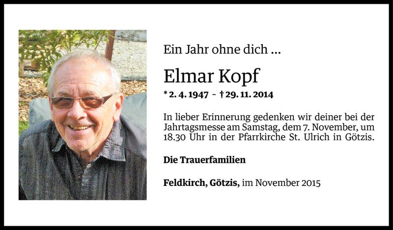  Todesanzeige für Elmar Kopf vom 05.11.2015 aus Vorarlberger Nachrichten