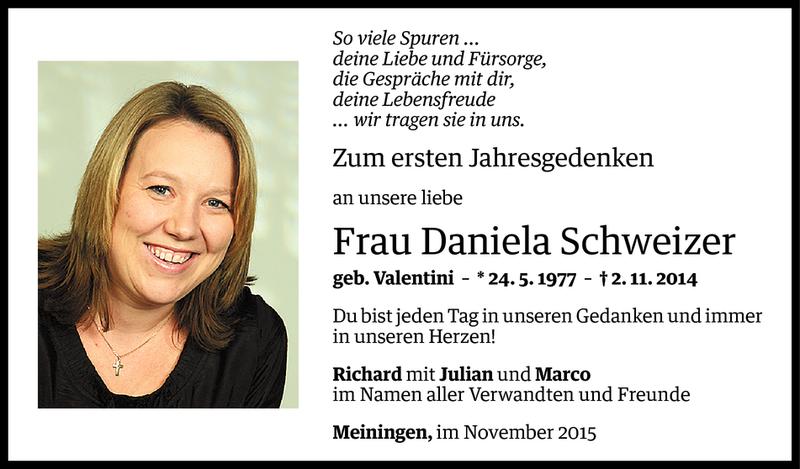  Todesanzeige für Daniela Schweizer vom 02.11.2015 aus Vorarlberger Nachrichten