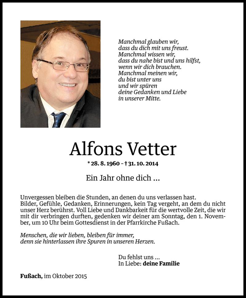  Todesanzeige für Alfons Vetter vom 30.10.2015 aus Vorarlberger Nachrichten