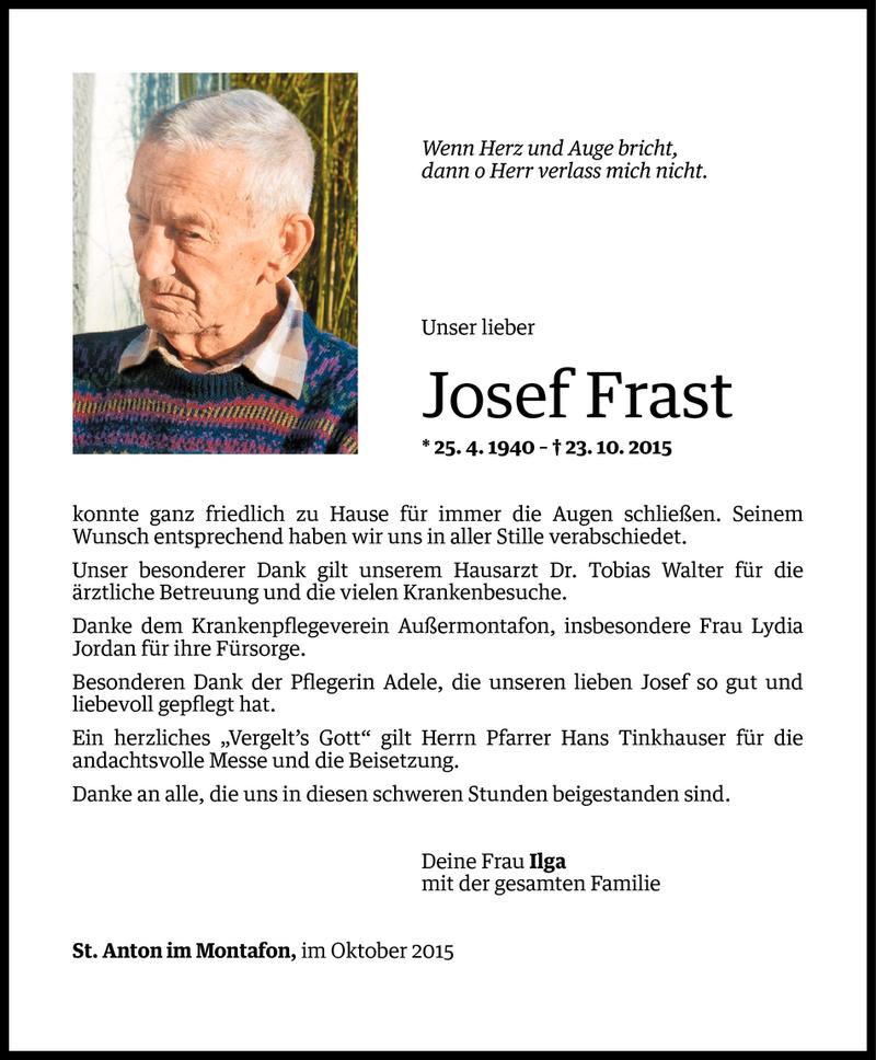  Todesanzeige für Josef Frast vom 31.10.2015 aus Vorarlberger Nachrichten