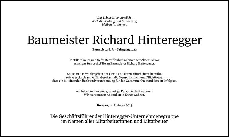  Todesanzeige für Richard Hinteregger vom 30.10.2015 aus Vorarlberger Nachrichten