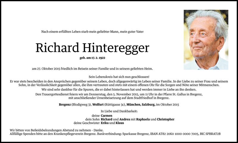  Todesanzeige für Richard Hinteregger vom 30.10.2015 aus Vorarlberger Nachrichten