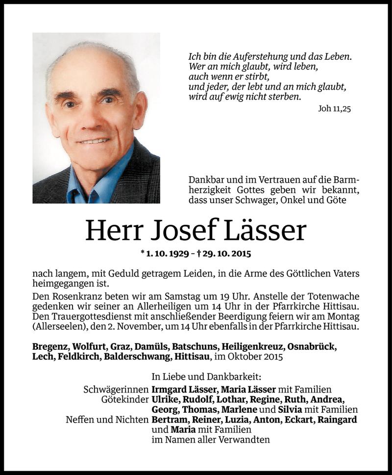  Todesanzeige für Josef Lässer vom 30.10.2015 aus Vorarlberger Nachrichten