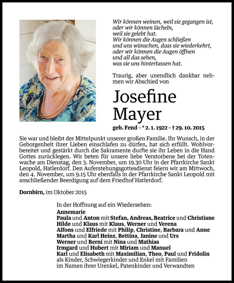  Todesanzeige für Josefine Mayer vom 01.11.2015 aus Vorarlberger Nachrichten