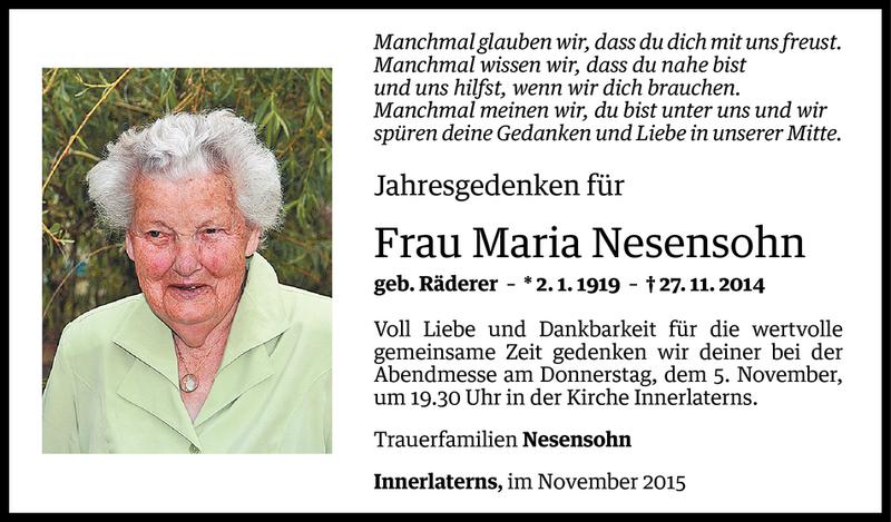  Todesanzeige für Maria Nesensohn vom 03.11.2015 aus Vorarlberger Nachrichten