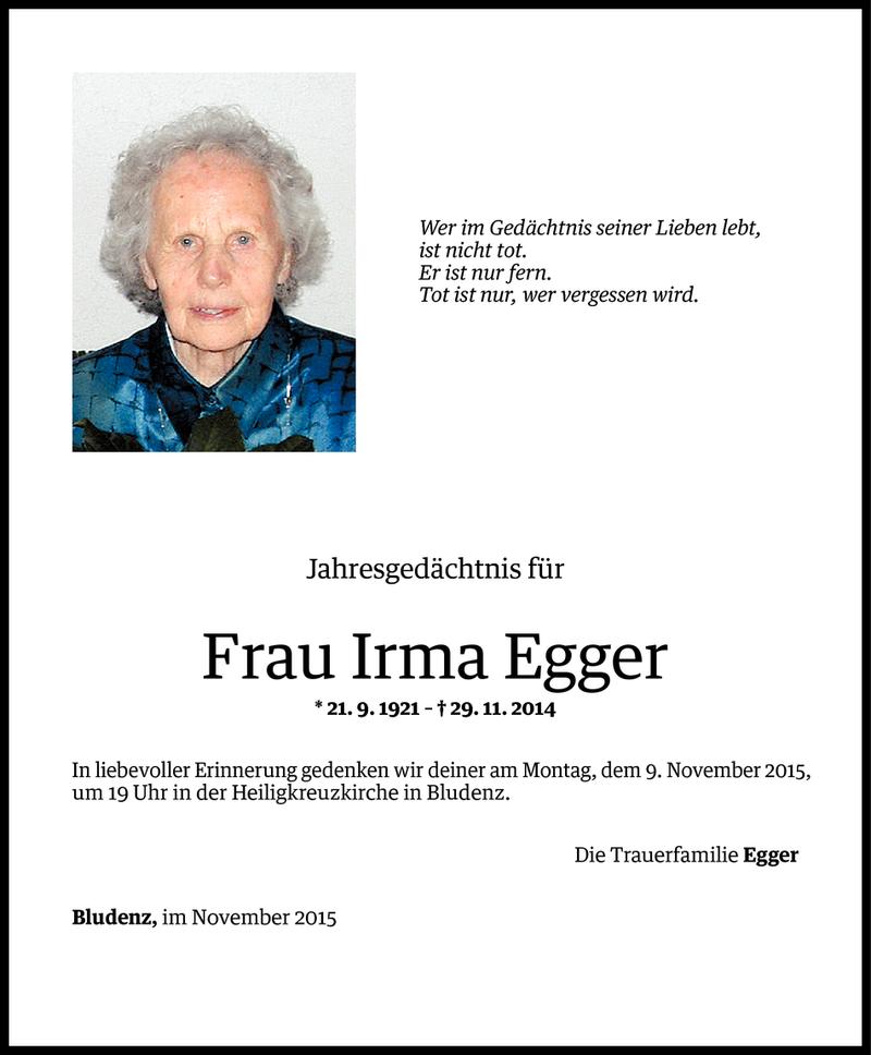  Todesanzeige für Irma Egger vom 05.11.2015 aus Vorarlberger Nachrichten