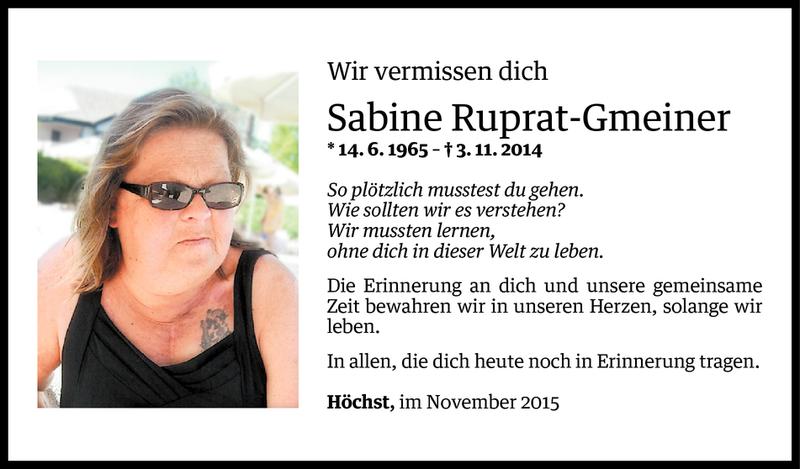  Todesanzeige für Sabine Ruprat-Gmeiner vom 02.11.2015 aus Vorarlberger Nachrichten