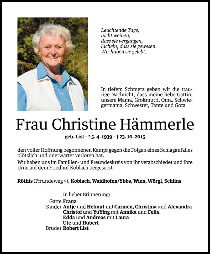  Todesanzeige für Christine Hämmerle vom 02.11.2015 aus Vorarlberger Nachrichten