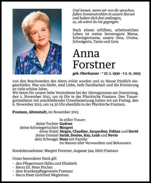 Todesanzeige von Anna Forstner von Vorarlberger Nachrichten