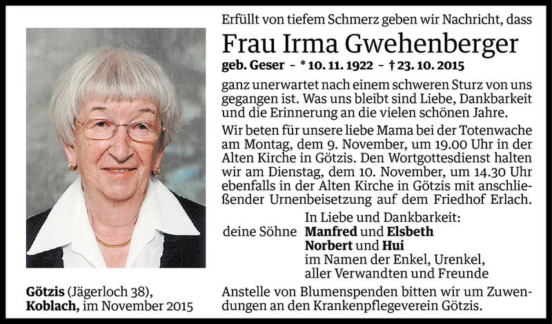  Todesanzeige für Irma Gwehenberger vom 07.11.2015 aus Vorarlberger Nachrichten