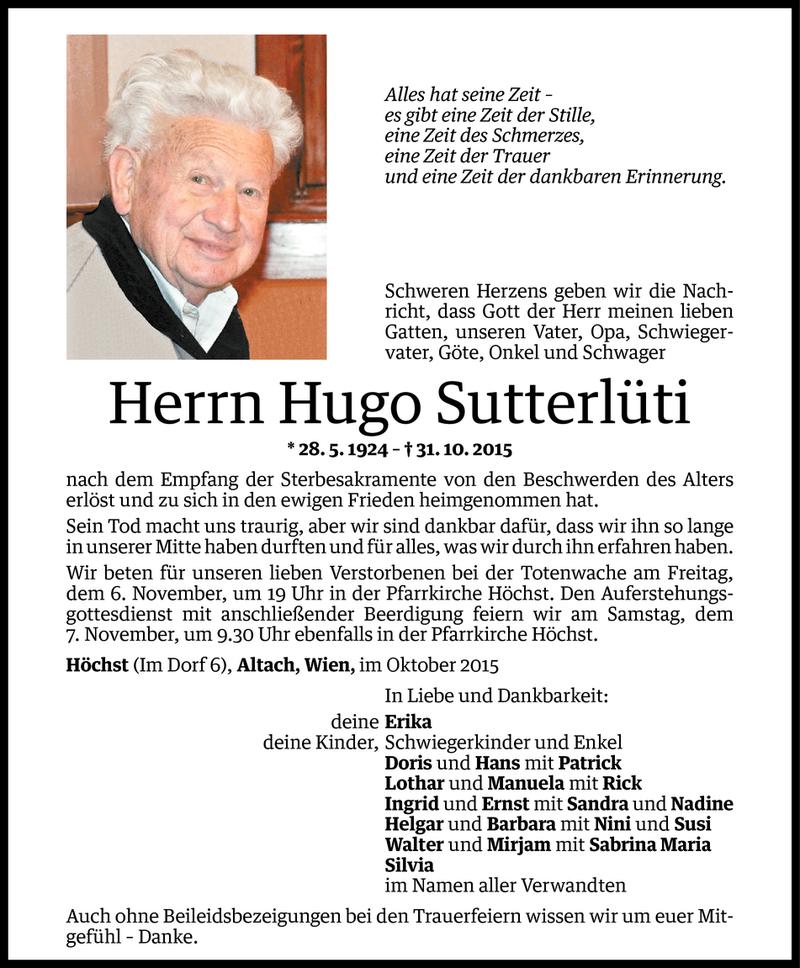  Todesanzeige für Hugo Sutterlüti vom 03.11.2015 aus Vorarlberger Nachrichten