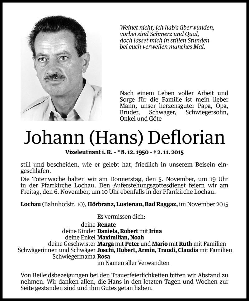  Todesanzeige für Johann Deflorian vom 03.11.2015 aus Vorarlberger Nachrichten