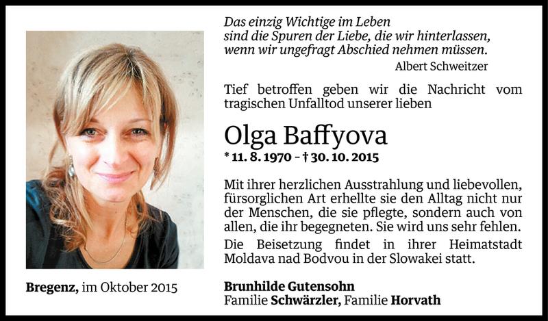  Todesanzeige für Olga Baffyova vom 03.11.2015 aus Vorarlberger Nachrichten