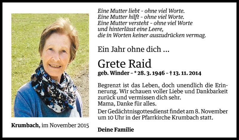  Todesanzeige für Grete Raid vom 06.11.2015 aus Vorarlberger Nachrichten