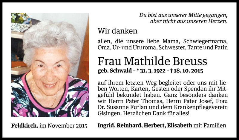  Todesanzeige für Mathilde Breuss vom 05.11.2015 aus Vorarlberger Nachrichten