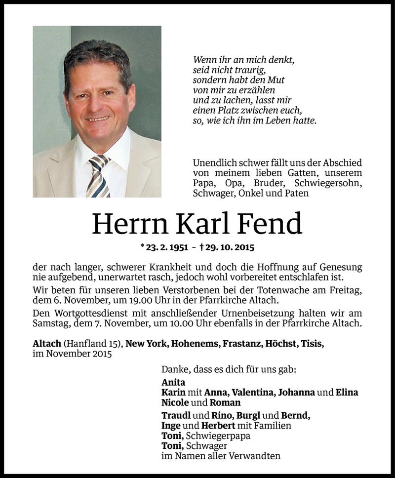  Todesanzeige für Karl Fend vom 05.11.2015 aus Vorarlberger Nachrichten