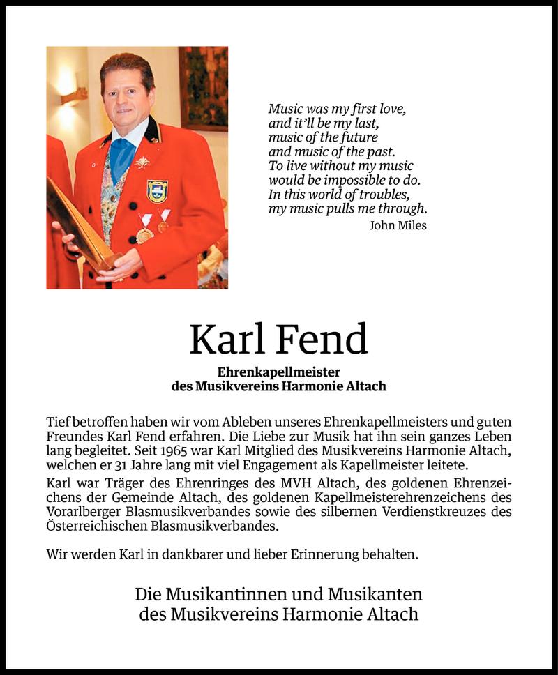  Todesanzeige für Karl Fend vom 05.11.2015 aus Vorarlberger Nachrichten