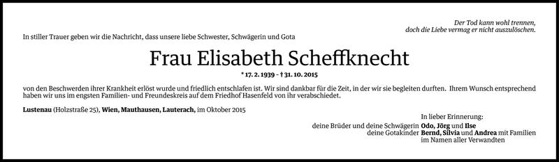  Todesanzeige für Elisabeth Scheffknecht vom 05.11.2015 aus Vorarlberger Nachrichten