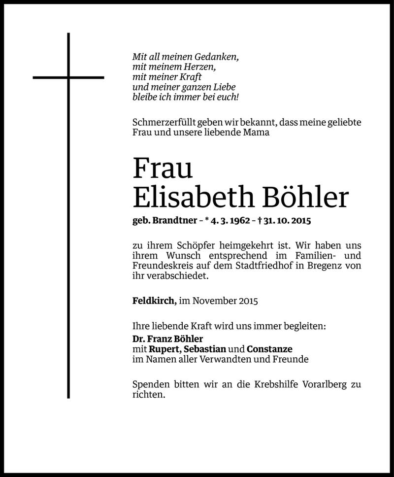  Todesanzeige für Elisabeth Böhler vom 07.11.2015 aus Vorarlberger Nachrichten